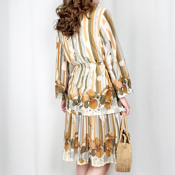 Stunning Vintage Mid Century Modern Pleated Striped Dress Oversized Set 50s 60s - Picture 4 of 10